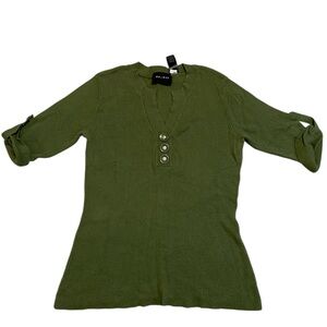 Y2K Axcess Ribbed Knit Tunic Top Olive Green 3/4 Sleeve Henley M 100% Cotton